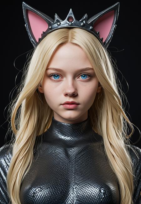 masterpiece,best quality,amazing quality, mature, clean lines, subtle lighting, bold outlines, cel shading, very aesthetic, absurdres, newest, solo, sfw, face closeup, (small breasts:1.3), cartoon, beautiful girl, blonde, long hair, disheveled hair, blue eyes, pink lips, cat ears, (forged carbon dress, forged carbon ornaments, forged carbon hair, forged carbon crown:1.3), forged carbon style,  <lora:3D:1>