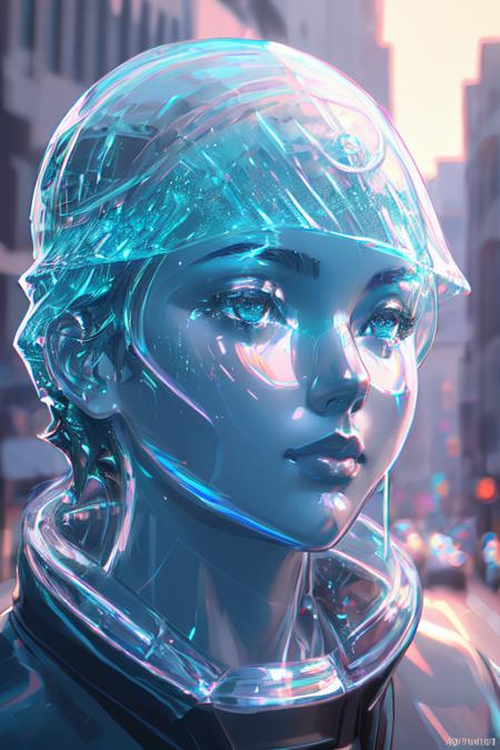 realistic glasssculpture closeup of kljy, translucent, transparent, detailed cityscape background, street, reflections, dramatic lighting, illustration by Greg rutkowski, yoji shinkawa, 4k, digital art, concept art, trending on artstation