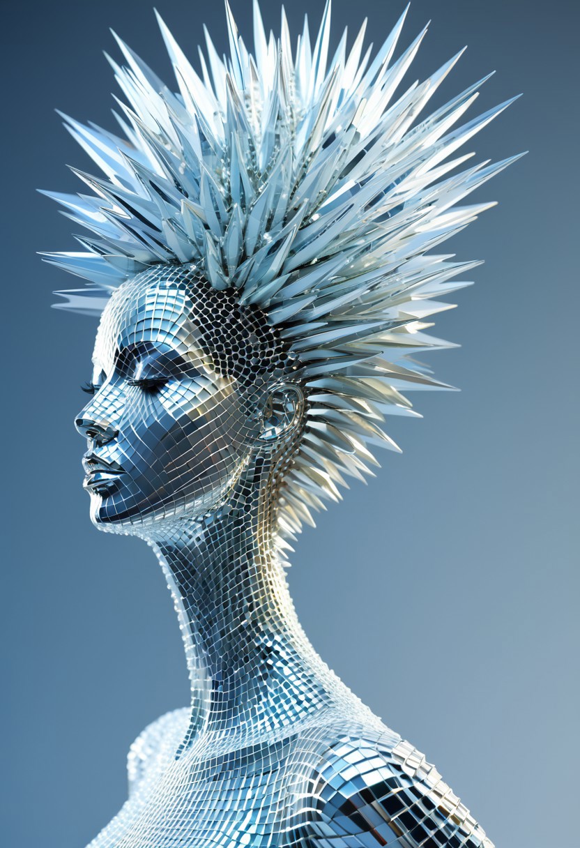 Woman in the style of made of crystals, extruded design, sharp/prickly, vray, pulsating rhythm, silver, dynamic figure studies