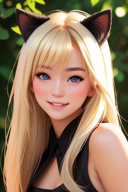 looking at you, cute, cat ears, blonde, black eyes, portrait, girl, photorealistic, real, best quality, 8k, teenager, portrait,  asian, teenage, beautiful, blonde, cute, white color skin, extremely beautiful, looking in front, black hair, smiling, cute, smiling, best render, best face <lora:girls_s4:0.8>