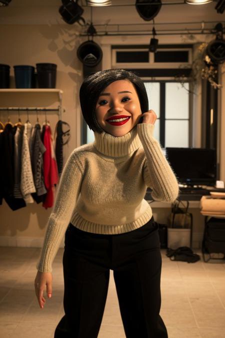 (masterpiece, best quality:1.2),  <lora:othermother:.9>, other mother, 1girl, solo, black hair, pants, sweater, short hair, breasts, black pants, turtleneck, black eyes, white sweater, lipstick, makeup, red lips, large breasts, long sleeves, turtleneck sweater, @ @, sweat, open mouth, looking at viewer, arm up, smile, indoors, dark room, stage lights, stage curtains, stage, squatting, exposed breasts, flashing, visible nipples