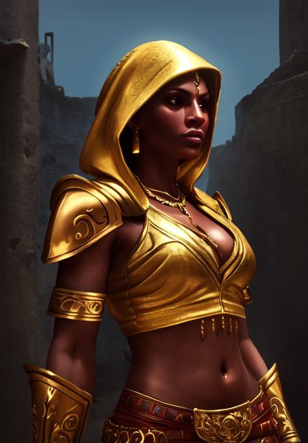 a woman, <lora:Redguard-Female:0.8>, Redguard-Female, 1girl, solo, long hair, navel, cleavage, upper body, earrings, parted lips, hood, piercing, shoulder armor, armlet, pauldrons, realistic, facial tattoo, very dark skin, dreadlocks, (masterpiece, best quality, absurdres, detailed, ultra-detailed:1.3), gorgeous