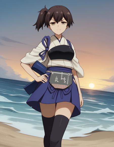 kaga, short hair, brown hair, brown eyes, side ponytail, kaga (kancolle), medium breasts, skirt, thighhighs, japanese clothes, black thighhighs, zettai ryouiki, hakama, hakama skirt, muneate, tasuki,