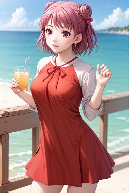 (masterpiece, best quality),(grainy:0.8), (ultra realistic:0.8), (extremely detailed:1.2), perfect anatomy, BREAK girl, sunglasses, reflection on sunglasses, eyes under sunglasses, (drinking soda:1.2), ponytail, hair flower accessory, BREAK detailed summer dress, BREAK beach background, <lora:YagamiCoco-000014:0.4>,((large breasts)),