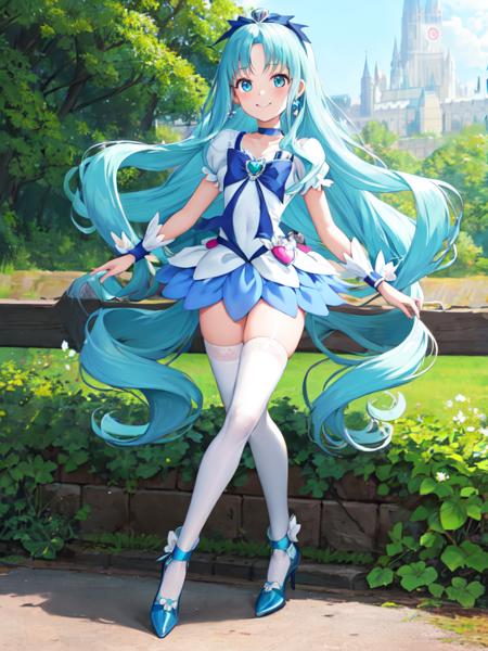 cure marine wavy hair, aqua hair, white thighhighs, wrist cuffs, hair ribbon, white shoes