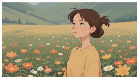 masterpiece, highest quality, very aesthetic, absurdres, 1girl, woman, folded ponytail, brown hair, yellow eyes, meadow of flowers, white border, outlined, studio_ghibli , m1nma_sty, minimalistic