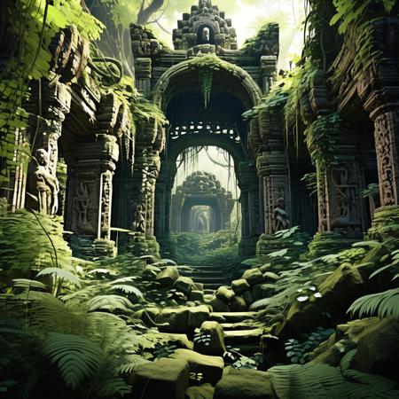 Deep in a lush, overgrown jungle, ancient ruins emerge from the dense foliage. Intricately carved stone structures and statues are partially reclaimed by nature, with vines and flowers entwining around them