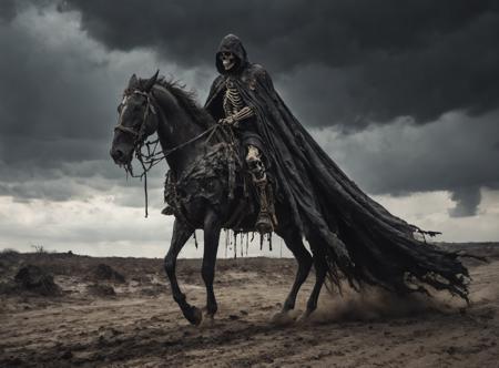 (long cape in the wind:1.7),(black rain:1.3),(tattered garments:1.5),death,skulls,riding an emaciated skeletal horse,(decay:1.3),(rotting:1.5),black sun,clouds,scorched earth,