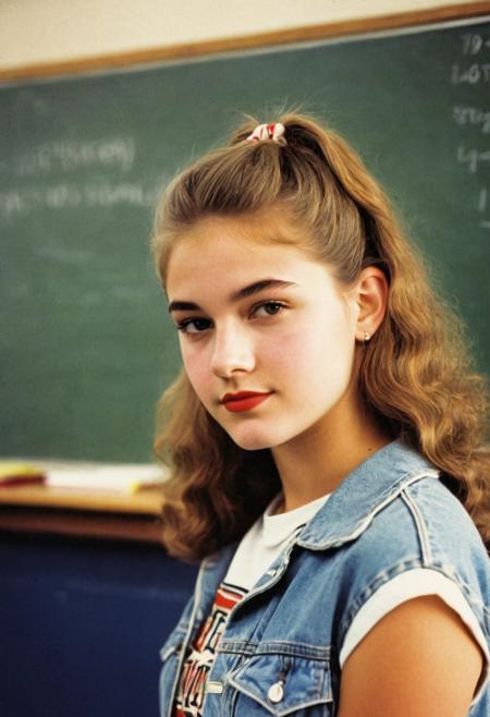 raw photo, half body, 1girl, typical american teen 90's, american movie 90, retro classroom decor, high school campus vibe