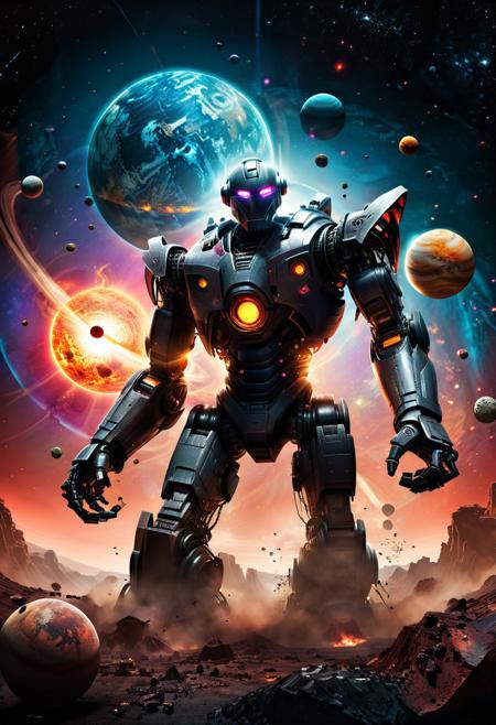 A colossal robot, larger than planets, stands between two colliding worlds. With outstretched arms, it holds the planets apart, preventing a catastrophic impact. The scene captures immense strength and determination, with cosmic energy radiating from the robot as it maintains the delicate balance.dark picture, high contrast, stylized, clear, colorful,