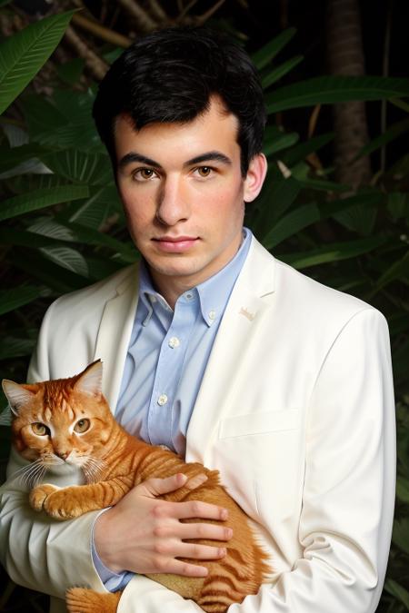 raw photo of a young man, extreme close up, in a stunning oversized white suit, baggy white suit, holding an orange cat, in a jungle paradise, 8k uhd, fujifilm xt3