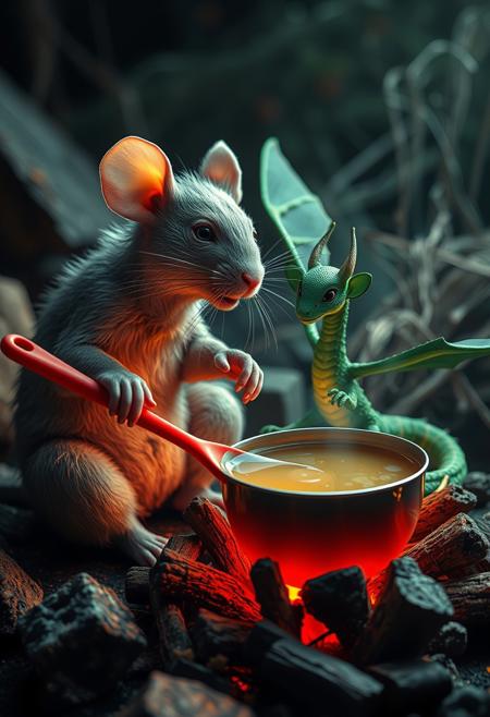 surreal VFX, nano-rat stirring broth on a campfire with a red spoon, sitting with the  green nano-dragon with dark green wings seen under an electron scanning microscope, with details, vivid colors