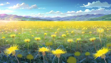 an endless field of yellow dendelions, clear sky in background, by Makoto Shinkai, wide angle, vivid colors, clean intricate highly detailed 4k wallpaper