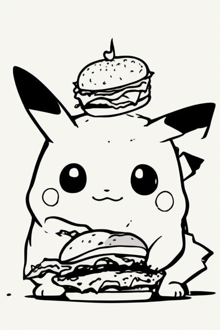 <lora:PE_HighContrastStyleV1:0.8> PEHighContrast,Simple Background, high Contrast, Illustration,Black and White,
Pikachu eating hamburger