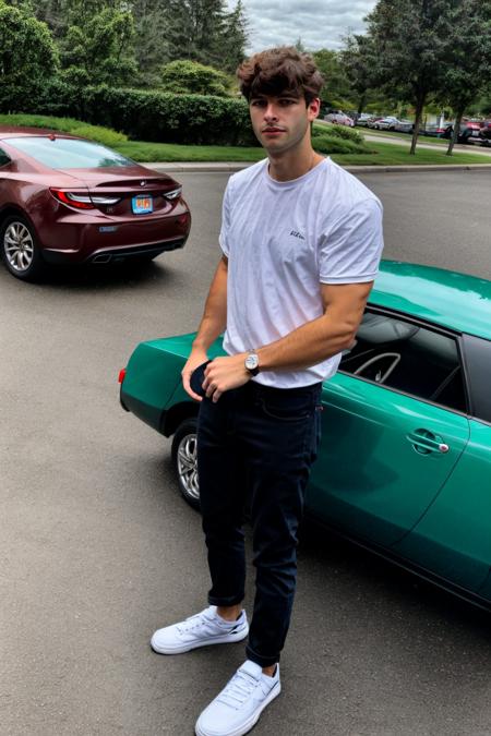 a handsome guy, open_shirt, he is wearing black pants, upper body, 28yo, caucasian, <lora:darelljones:1>, darelljones, ultra realistic, highres, solo, american man, outdoors, street city, car park, chill vibe, <lora:add_detail:0.7>, add detail, (close_up), male focus, (masterpiece,best quality:1.5)