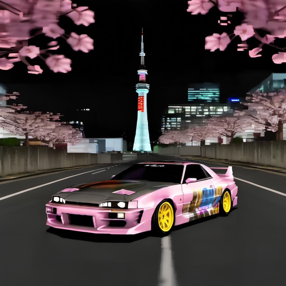 Pink Race Car Driving Down a Road at Night with a Skyscraper in the Background