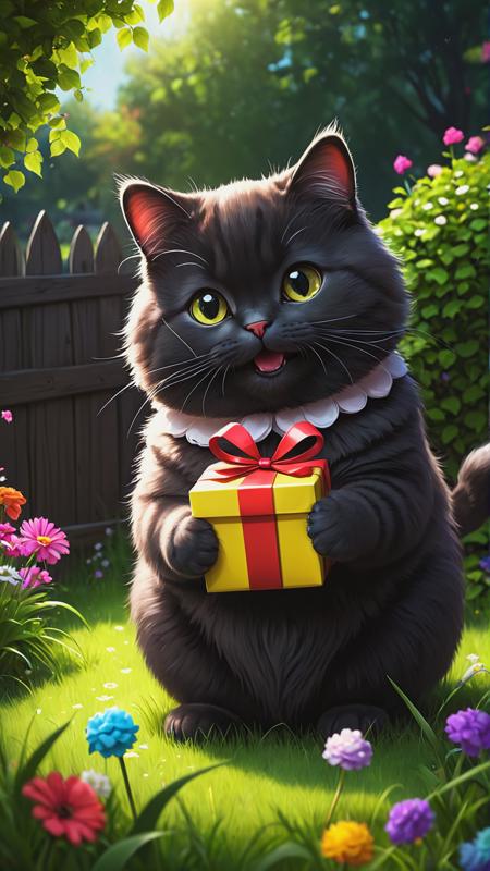 a fat cute cat, holding gift in hands, candys, smile, in backyard, grass, flowers, summer, cute and funny, illustration, masterpiece, fulcolor, dark noir, muffled light, realistic, soft shadows, best quality, hyper detailed, 4k.