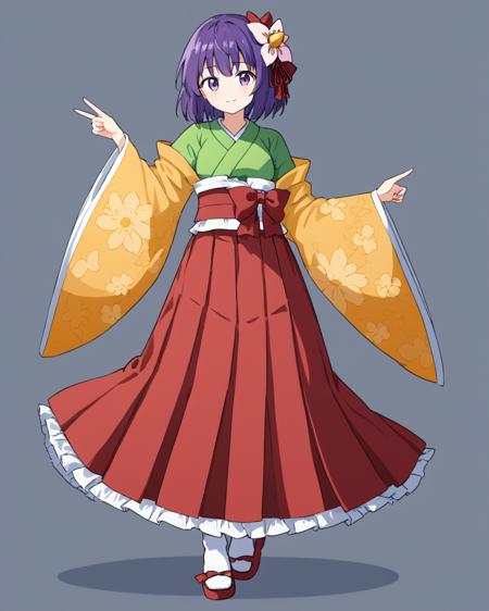 hieda no akyuu,style_parody, alphes_\(style\), 1girl, solo, hair_flower, full_body, transparent_background, hakama_skirt, wide_sleeves, long_sleeves, red_skirt, closed_mouth, floral_print, red_hakama, red_bow, long_skirt, frilled_skirt, smile, standing, hand_on_own_chin, kimono, white_socks, tachi-e, tareme, looking_at_viewer, tabi, red_ribbon, hand_up
<lora:hieda_no_akyuu_image926_2023-12-20:1>,star-shaped_pupils,symbol-shaped_pupils,. gorgeous,key visual, vibrant, studio anime,award-winning, professional, highly detailed,high budget, cinemascope