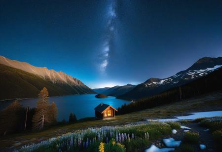 landscape, long exposure sky in night astro photography, irregular broken bright star clusters in the sky, view of the galaxy, vast snow on rocky mountainside, view of a mountain fjord, alpine meadow wildflowers, granite cliffs, coniferous forest, rugged rock formations, valleys carved by glaciers, log cabin with illuminated window with chimney coming out of smoke, hiking trails, melting streams snow, panoramic view