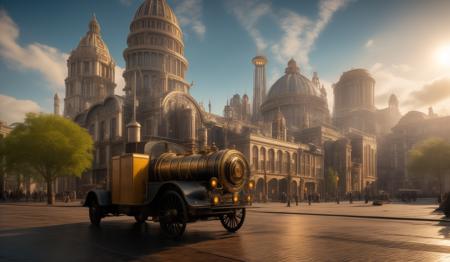 <lora:JJsSteamPunk_SpaceStyle:.7>, ((masterpiece)) , ((best quality)), ((SteamPunk)),RAW photo, subject, 8k uhd, dslr, soft lighting, high quality, film grain, Fujifilm XT3 outdoors, sky, day, cloud, tree, blue sky, ground vehicle, building, scenery, road, real world location, truck, flag, , lots of trees, sunlight, public blocks,daytime,lively city streets, enough detail, high resolution,super realistic, Photorealistic, highly detailed, <lora:add_detail:0.5>