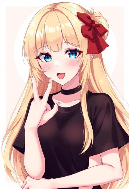 ource_anime, minako aino, blonde hair, blue eyes, bow, hair bow, half updo, long hair, red bow,
black shirt, t-shirt, black choker, goth, eyeliner, eyeshadow double middle finger, tongue out