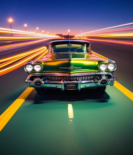 CHV3CVehicle, OldJourney, A 10mm focal length photograph of a 1956 buick driving route 66, volumetric lighting, 35mm, canon, realistic, vivid, (full car,:1.1) night, city background, warm ambience, front view car, car photography, (centered:1.1)