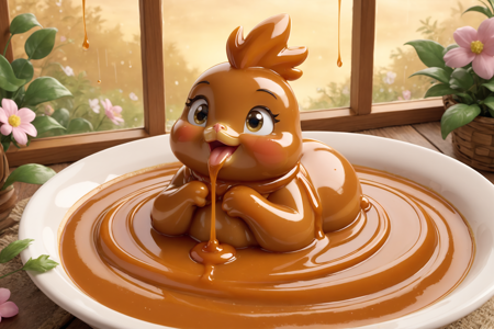 a fluffy rooster with colorful feathers, small comb, bright eyes, feathers with caramel shimmer, solo, caramel, caramel sauce, with caramel cream fur, soft and creamy with a subtle glow, caramel, caramel sauce, silly grin with caramel playfulness, tongue out, eyes wide, caramel, caramel sauce, a cozy hollow with soft caramel moss, tiny caramel flowers, dappled sunlight with caramel glow, detailed background, caramel, caramel sauce, dancing with caramel swirls in the air, paws tapping to a caramel rhythm, caramel sparkles around, caramel, caramel sauce, pouty, lips pursed with caramel sadness, caramel, caramel sauce, wide shot, a rainy day cuddle with animals snuggling, caramel raindrops on window, cozy caramel interior, caramel, caramel sauce, a tiny caramel scarf, wrapped around its neck, caramel, caramel sauce, on caramel mossy ground, soft and green with caramel shimmer, caramel, caramel sauce, dawn with caramel radiance, soft pink and orange hues with caramel glow, early caramel light, fresh air with caramel scent, caramel, caramel sauce, late morning with warm caramel sunlight, soft caramel breeze, clear skies with caramel tint, caramel, caramel sauce, best quality, vibrant colors, animation 3D style, soft shading, high detail, smooth texture, not realistic, not photorealistic, highres, 4K resolution, masterpiece, best quality, amazing quality, very aesthetic, soft lighting, caramel, caramel sauce, honey caramel tones, golden and warm caramel hues with a silky sheen, caramel, caramel sauce, caramel dusk light, deep orange and caramel glow, caramel, caramel sauce, back shot, character facing away, <lora:caramel gmr lora:0.5>