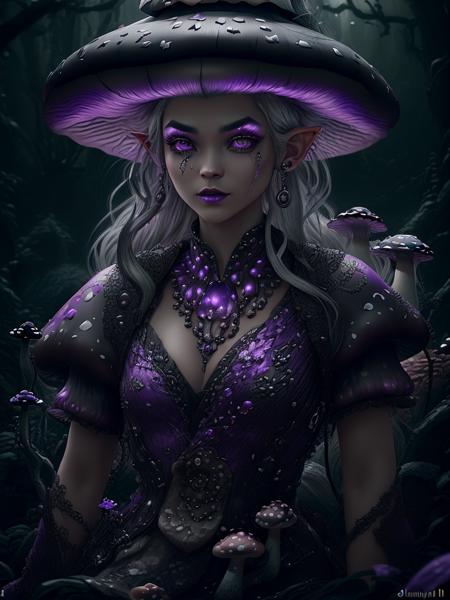 cute pale draconian maiai in full body pose, mix of dragon and girl, half dragon, silver ponytail with strands hair, (masterpiece), realistic, beautiful face, cinematic light, (beautiful purple cat eyes:1.3), perfect anatomy,dragon horns,
night sky moonlight, starry background,
fine detailed silver crescent glasses, pointy ears, cowboy shot, open mouth, (blackish ShroomPunkAI skin:1.3),black lips, black eye shadow,
hyperdetailed painting, luminism, 4k resolution,
Soft Lighting, Photographic Realism,
3d rendering, octane rendering, <lora:ShroomPunkAI:1>