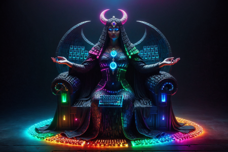 a god, Hecate, goddess of magic, made out of RGB Keyboards, with torches, wearing a dark cloak and a crescent moon necklace, casting magic with torches with RGB lights flaming, solo, neon Pandoraâs temple with RGB pillars, glowing box with RGB lights, detailed background, lying down with a neon aura, shimmering with RGB lights, resting, benevolent, shimmering with RGB lights, dynamic angle, wide shot, best quality, vibrant colors, realistic style, high detail, high-definition, hyper-realistic, extremely high-resolution details, fine texture, incredibly lifelike, realistic, not cartoon, not drawing, highres, 4K resolution, source photo, realistic photo, masterpiece, best quality, amazing quality, very aesthetic, ultra-detailed, detailed textures, natural lighting, soft light, digital rainbow colors, full spectrum glow, digital flash, bright and intense, medium shot, <lora:RGB_Keyboard_themed-000008:1>