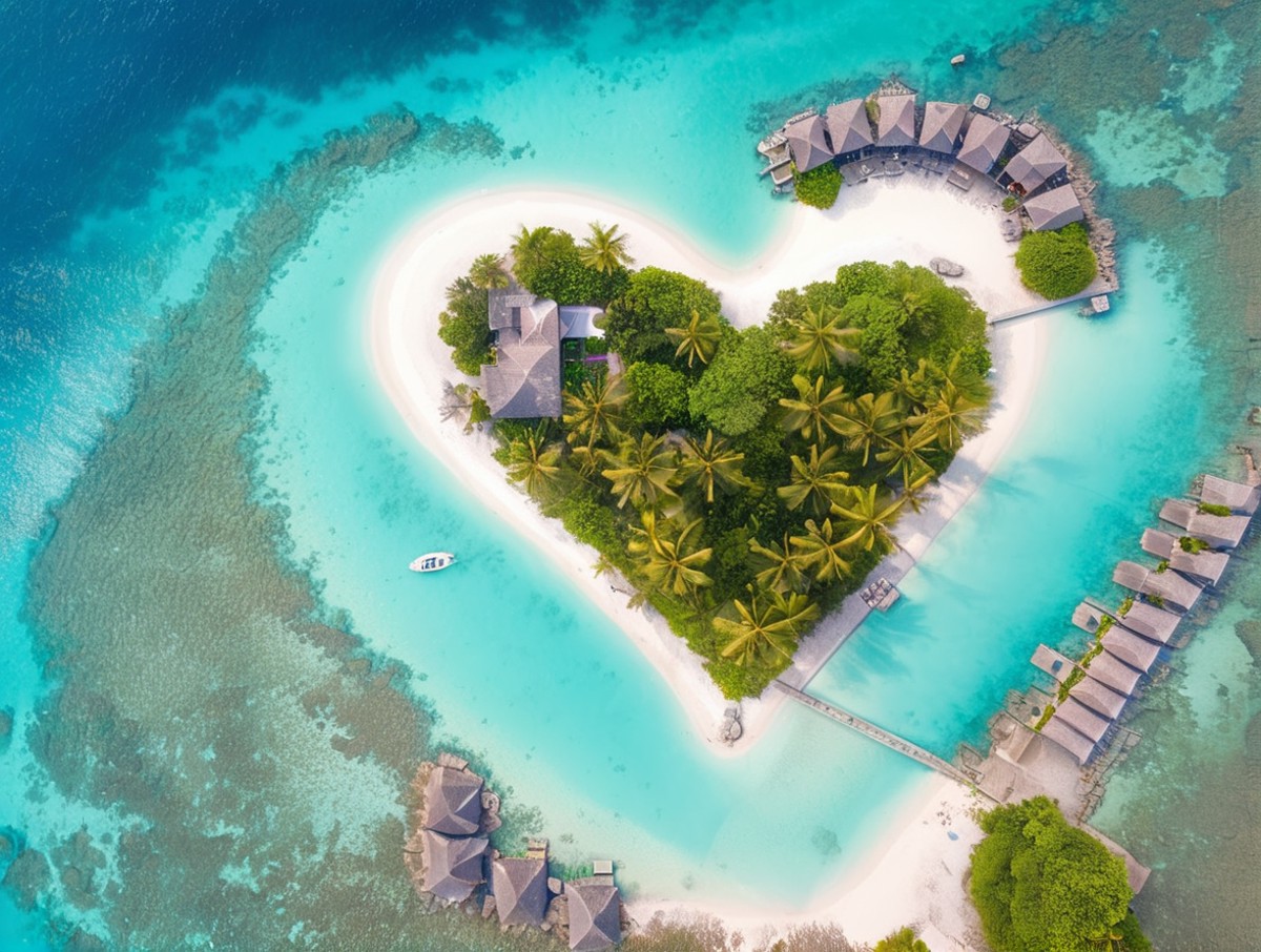 <lora:drone_photo_v1.0_XL:0.8>
a tropical resort on a heart shaped island in the ocean