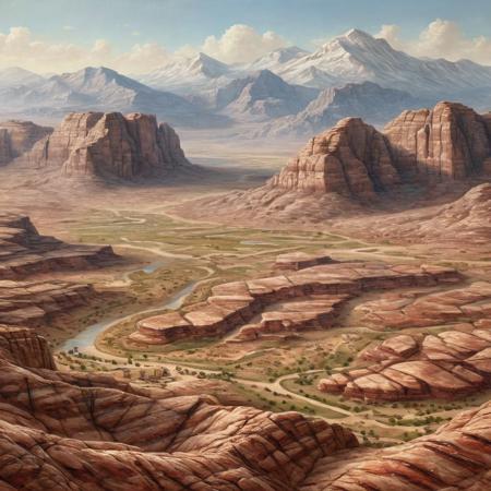 masterpiece, best quality, realistic textures, high detail. 
Looking across a plain from an oasis, mountains in the background. made of ral-grilled