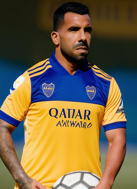 portrait of sks man (tevez:1), serious look with very short hair, football jersey with blue and yellow colors, holding a (soccer ball:1.3), (outdoors:1.2), natural lighting, 4k, 8k, 8k realistic, sharp focus, intricate, high resolution  <lora:tevez:1>