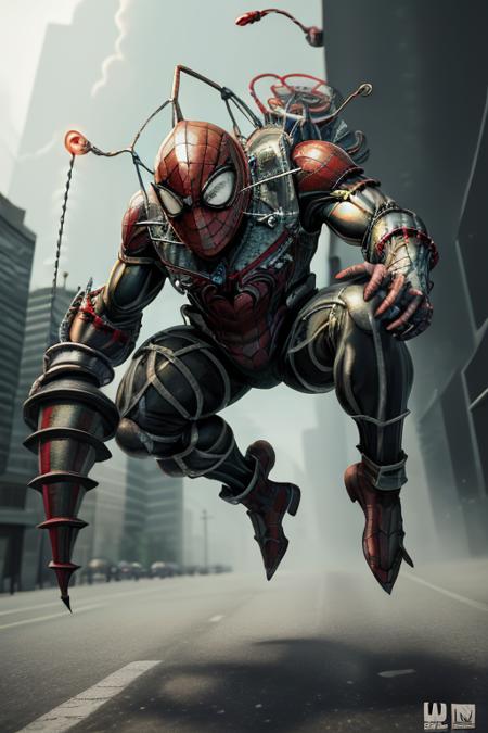 illustration of a bigdaddy in a city, (drill in right hand:1.2) ( jumping:1.2) (as spiderman:1.1) , draw  (anime style:1.3)   , digital art,  sharp details, (8k uhd) RAW proffesional photo , masterpiece, realistic, realism,  high contrast, digital art trending on Artstation   <lora:bigdaddy:0.7>