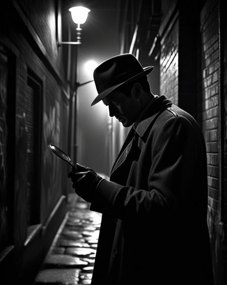 A detective in a classic trench coat and fedora, examining a clue with a magnifying glass. The scene is set in a dimly lit, narrow alley with graffiti-covered walls and flickering streetlights. The art style is noir with high contrast and deep shadows, emphasizing the dramatic and mysterious atmosphere. high resolution, sharp details, realistic lighting.