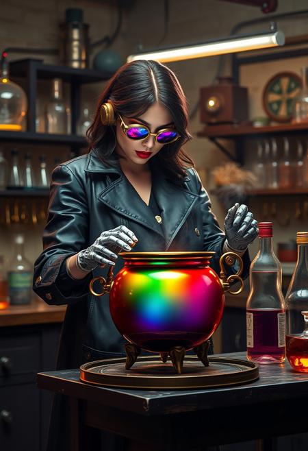 A femme fatale in a science lab, wearing black rubber overcoat, robotic hands, and brass goggles, works on a rainbow cauldron on a table, steampunk, cyberpunk, hyper-maximalism