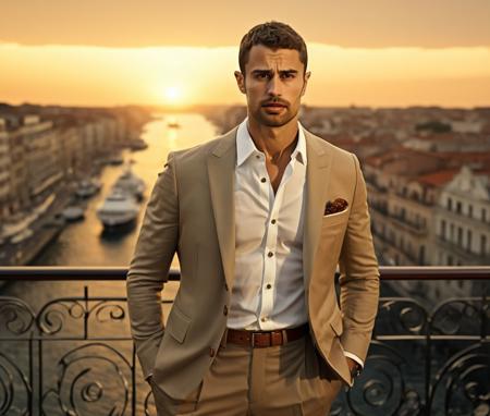 Nautical-themed (Photo:1.3) of (Ultrarealistic:1.3) <lora:Man_Men_FFashion:1> Gerard Piqu a man <lora:Theo-James_Gerard-Piqu:0.9> in a tan suit standing on a balcony, sun behind him, inspired by Pablo Munoz Gomez, shot at golden hour, editorial photograph, midshot of a hunky, by Roman Bezpalkiv, by Artur Tarnowski, maxim sukharev, by Gabor Szikszai,Highly Detailed,(Mono Color:1.3) . Sea, ocean, ships, maritime, beach, marine life, highly detailed