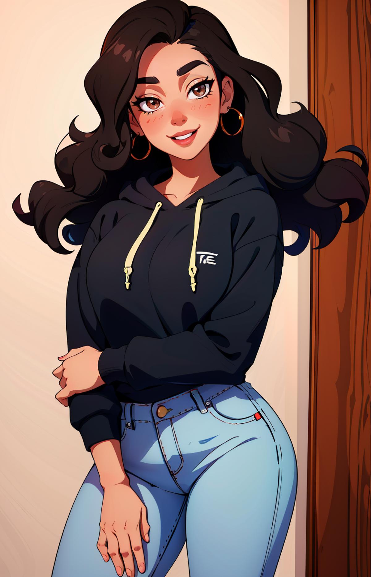 A cartoon image of a beautiful woman wearing a hoodie with a logo that says TEC.