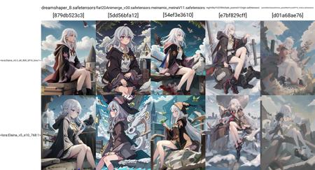 1girl, solo, long hair, blush, bangs, blue eyes, skirt, shirt, long sleeves, hair between eyes, sitting, closed mouth, white shirt, ahoge, legs, grey hair, pleated skirt, outdoors, open clothes, cloud, hood, miniskirt, wide sleeves, black skirt, black footwear, bare legs, profile, bird, hood down, cloak, robe, elaina \(majo no tabitabi\), looking to the side, <lora:Elaina_v6.5_e8_800_bf16_lora:1>