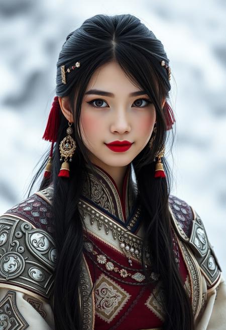 symmetrical full shot of a mongolian warrior girl, long hair, black hair, jewelry, red eyes, makeup, red lipstick, pale skin, white skin, armour, earrings, wearing elegant costume, in the moutains at winter, winter, snow in the background,  skin texture, best quality, ultra-detailed, analog style, cinematic light, sidelighting, ultra high res, small smile, closed mouth, Kang-Jin Star, Wukong