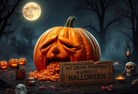 “Enormous orange pumpkin with a tired, worn-out expression, sitting on the ground as it vomits its own pumpkin guts. Empty beer bottles scattered around, as if it just had a long night of drinking. Surrounding the pumpkin are spooky Halloween elements: glowing jack-o’-lanterns, eerie fog creeping along the ground, flickering candles inside skull-shaped lanterns, and a few scattered candy wrappers. A full moon casts a dim light over the scene, with creepy shadows from nearby trees and faint ghostly figures in the distance. In front of the pumpkin, a decayed, broken wooden sign with deep engravings reads ‘NO DRUNK PUMPKINS ALLOWED AT HALLOWEEN,’ adding a darkly humorous touch to the eerie atmosphere.”