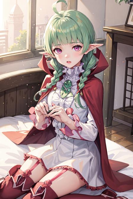 masterpiece, absurdres, best quality, 1girl, solo, nah_fea, sitting green hair, dress, cape, thigh boots, garter straps, yokozuwari, bedroom, <lora:nah:1>