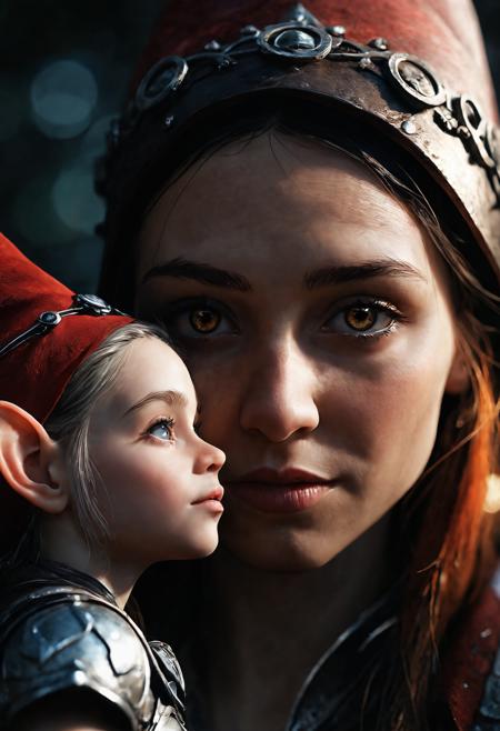 cinematic film still famous artwork by (cliff nielsen:1.2) and (wlop:1.1) and (seb mckinnon:1.2) and (archan nair:1.1), (dramatic scene:1.4), (fractal art:0.4), fantasy style, dynamic angle,
 an mythicalfemale gnome with smooth skin posing with a female  dwarf, dwarf, short-statured humanoid being, 3 to 4 feet tall, skilled craftsmen,expertise in mining and blacksmithing, resilience, determination, fantasy, Sensual, A deep, intense gaze, a slow, deliberate smile, and a relaxed posture.
 <lora:add-detail-xl:3> . shallow depth of field, vignette, highly detailed, high budget, bokeh, cinemascope, moody, epic, gorgeous, film grain, grainy