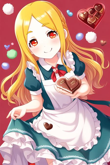 Mochizuki Hijiri, 1girl, apron, blonde hair, blue dress, blush, brooch, candy, chocolate, chocolate heart, dot nose, dress, food, frilled apron, frilled dress, frills, heart, jewelry, long hair, looking at viewer, mouth hold, puffy short sleeves, puffy sleeves, red background, red eyes, scrunchie, short sleeves, smile, solo, white apron
 <lora:deresute-v1.2:1>