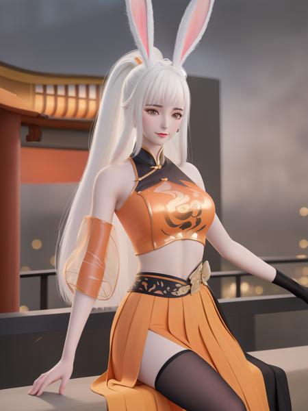 1girl,long white hair,mature female,looking at viewer,(cityscape:1.1),night,rabbit ears,orange crop top,skirt,single black glove,orange skirt,ponytail,asymmetrical see-through sleeves,belt,collar,chinese clothes,pleated skirt,cowboy shot,sitting,chair,makeup,blush,light smile,metal trim,navel, <lora:GSLguofeng_20230723155619-000015:0.75>,east asian architecture, lantern,