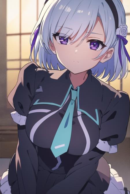 (arsene:1.5), short hair, white hair, side ponytail, mask, (purple eyes:1.1), crown, hair twirls, hair drills, henriette mystere, short hair, blue hair, (purple eyes:1.1), thighhighs, gloves, elbow gloves, cape, dress, flower, hairband, necktie, black dress, school uniform, collar, juliet sleeves, long slleeves, frills, white skirt,