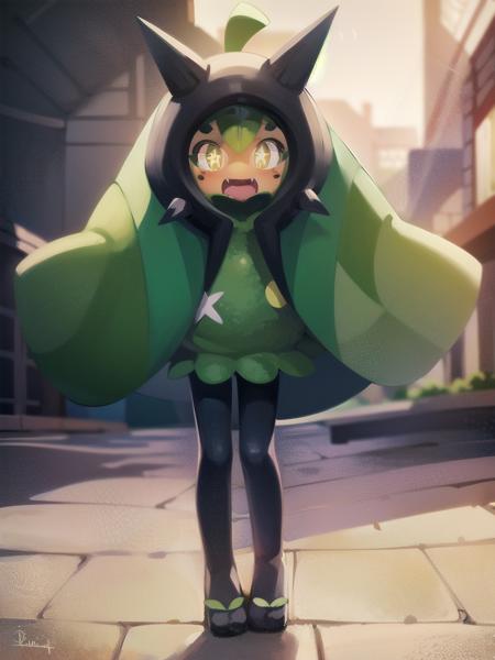 (masterpiece:1.2), (best quality:1.2), 1girl, solo, (full body), looking at viewer, embarrassed, blushing, BREAK
<lora:Ogerpon-15:1> ogerpon, pokemon \(creature\), black pantyhose, hood, green dress, yellow eyes, fangs,