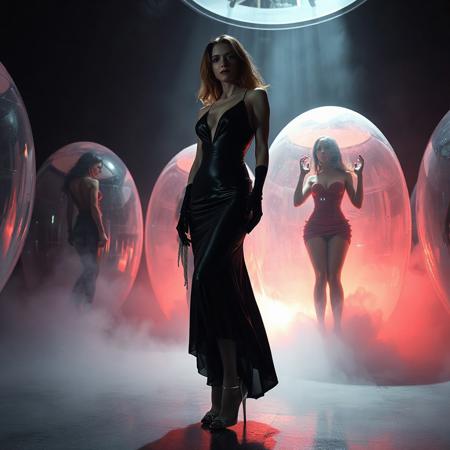 noble norvegian femme fatal lady  standing trying to break free from giant transparent slime egg  encasement,  wearing evening GLOSSY THIN black slime live tentacles gown, GLOVES  and high heels, , surrounded by  weird fog from the floor, captured in light beam from celling,  giant slime covered transparent eggs  with encased ladies at background, breeding chamber,  ultrathin waisT, HORROR,  reminiscent of H.R. Giger, Zdzisław Beksinski, and Ash Thorp's dark, sleek styles, with close-up glamour photography, glossy satin and silver heels glistening, fleshy slime dripping, and dark shadows.