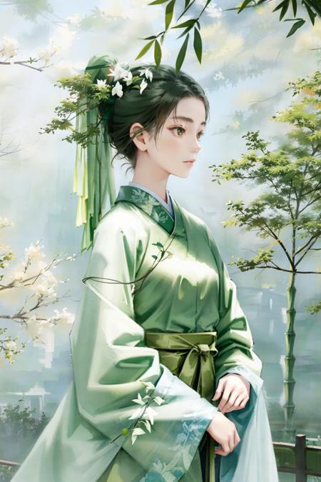 1girl,green chinese cloth, beauty,  (trees:0.5), (flowers:0.6) ,(birds:0.2), (bamboo0.1), lakes, look looking at viewer,