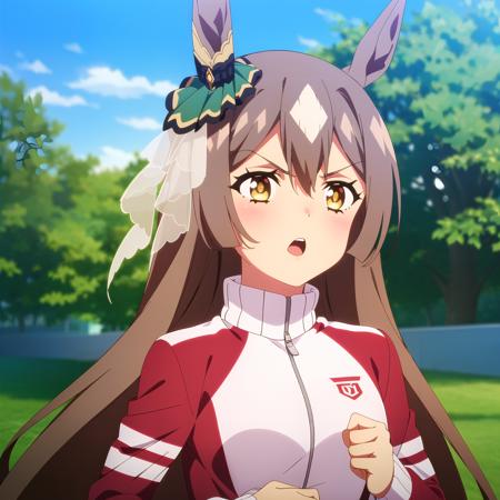 <lora:diamond:0.8> 1girl, solo, breasts, open mouth, long sleeves, hair between eyes, brown eyes, jacket, yellow eyes, upper body, braid, outdoors, blurry, tree, blurry background, red jacket, clenched hands, half updo, track jacket, tracen training uniform, satono diamond \(umamusume\)