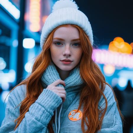 beautiful ginger girl, casual clothes, winter, neon lights, instagram photo, 4k, wholesome, best quality, hyperdetailed photography, soft light